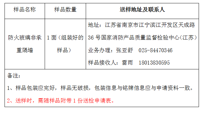 防火玻璃非承重隔墻自愿性認證送檢文件(江蘇所)樣品數量及送樣要求